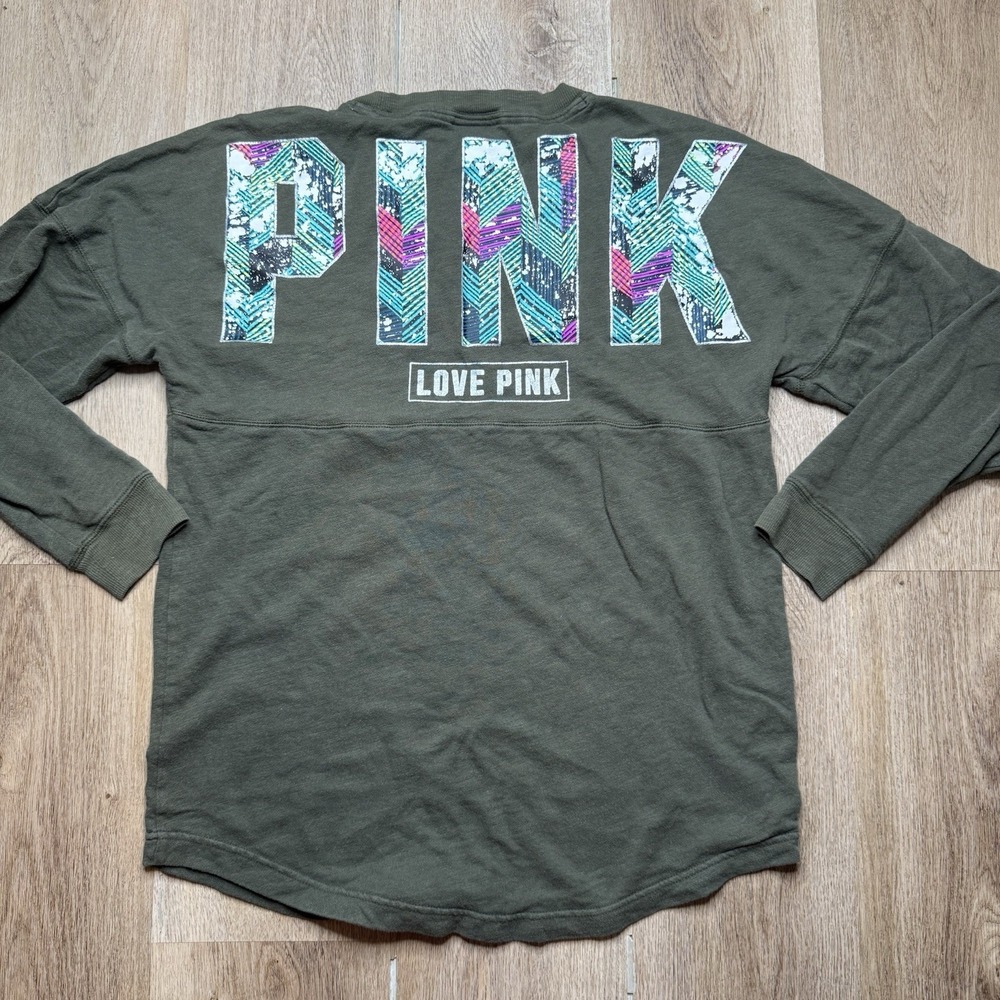 Pink Victoria's‎ Secret Women's Size Small Olive Green Sweatshirt  Pink Spellout